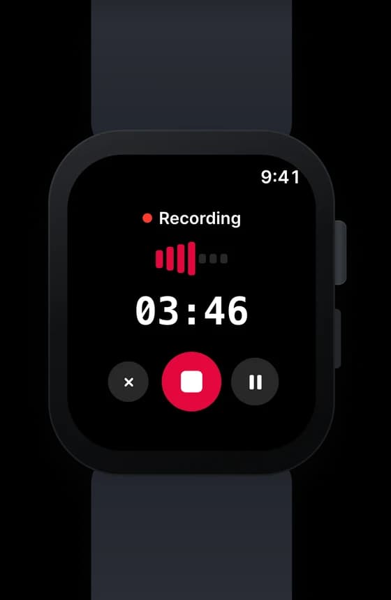 Wave nimmt auf einer Apple Watch auf: Timer bei 03:46 mit Stopp-, Pause- und Abbrechen-Button