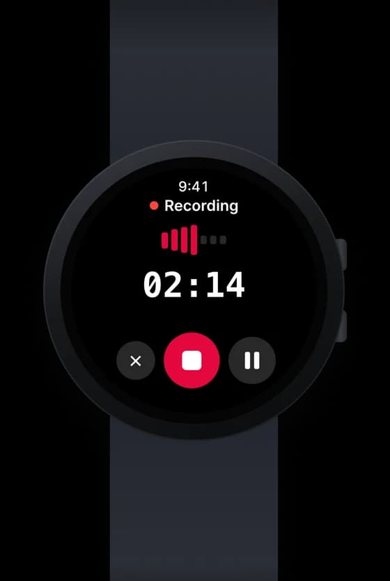 Wave nimmt auf einer runden Wear OS Uhr auf: Timer bei 02:14 mit Stopp-, Pause- und Abbrechen-Button